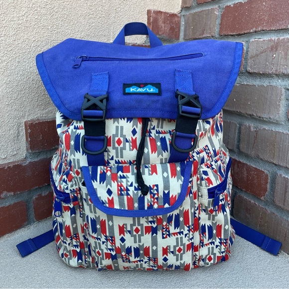 Kavu Libby Canvas Backpack in Rare Festive Indigo,/Burnt Orange Aztec Design - Picture 2 of 13